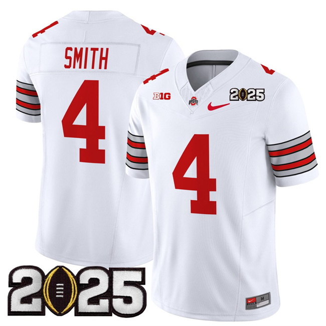 Men Ohio State Buckeyes 4 Jeremiah Smith White 2025 CFP Final Patch F.U.S.E. Vapor Limited Stitched NCAA Jersey